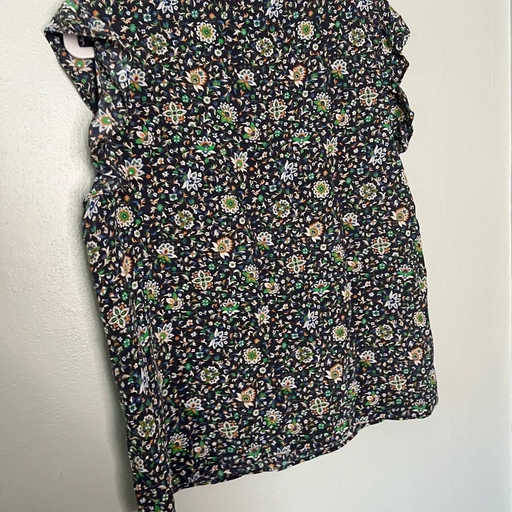 Tory Burch blue floral print silk blouse whimsical fairy dainty short sleeve